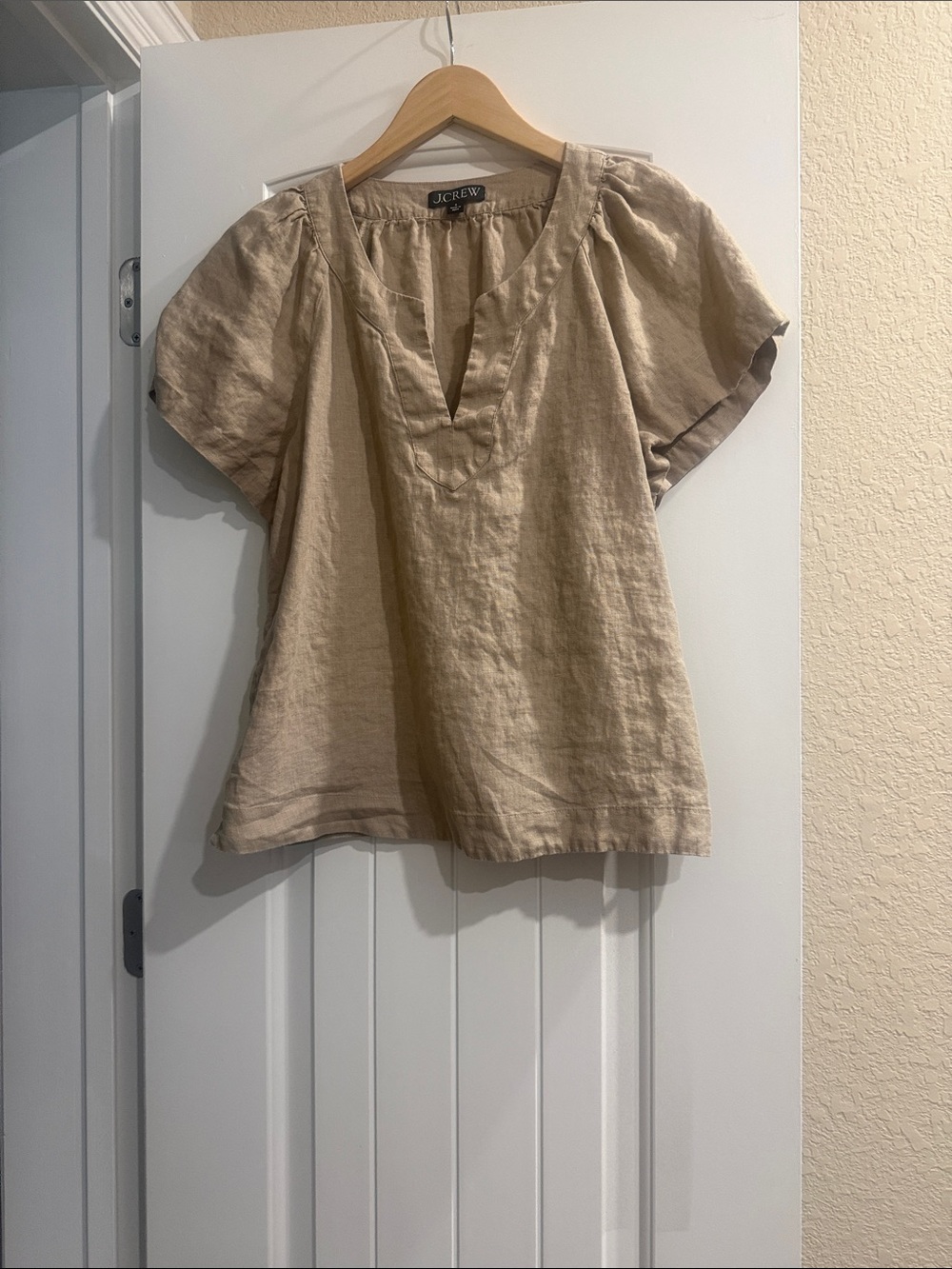 J. Crew Beige Linen Split-Neck Short Sleeve Blouse